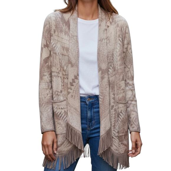 Lucky Brand Boho Open Fringe Cardigan Tan Womens Large - Picture 1 of 4